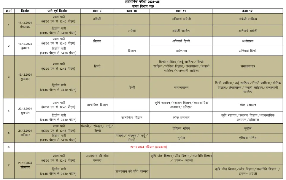Rajasthan Half Yearly Time Table 2024-25