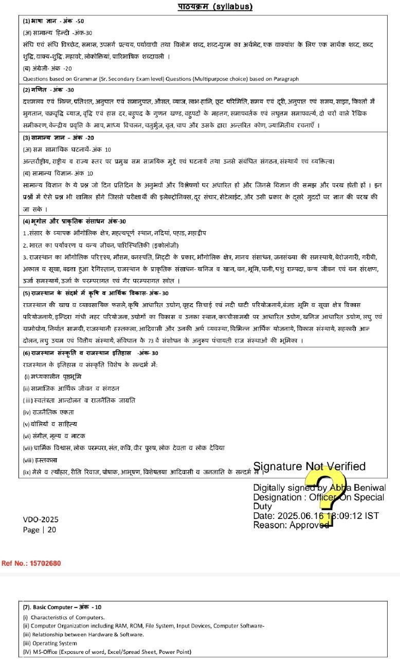 Rajasthan VDO Syllabus 2025