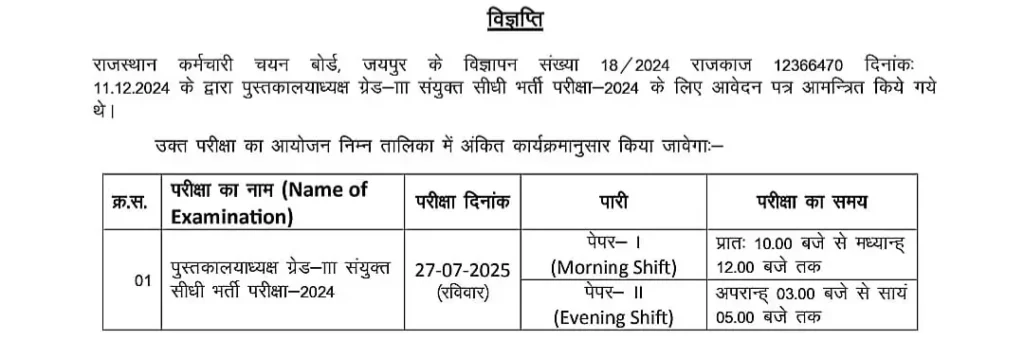 Rajasthan Librarian 3rd Grade Exam Time